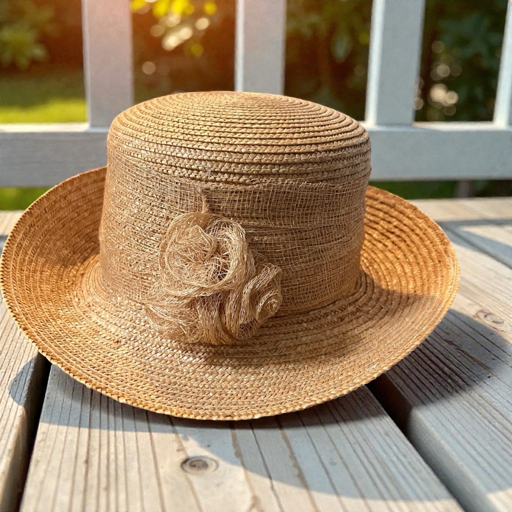 90s Vintage Stylish Tan Straw Hat with Flower Accent